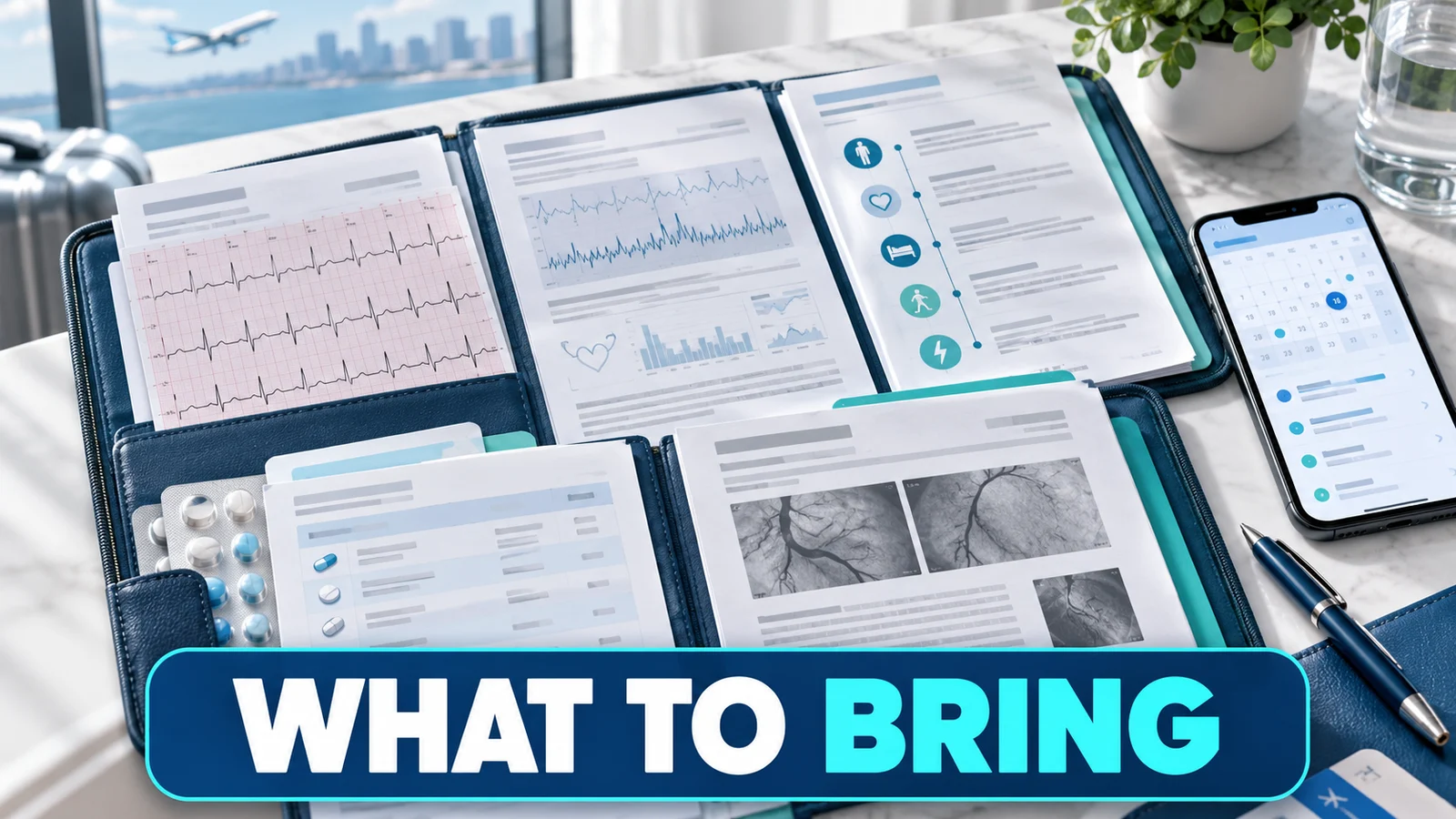 Organized folder with ECG, monitor report, symptom timeline, medicine list and prior procedure records.