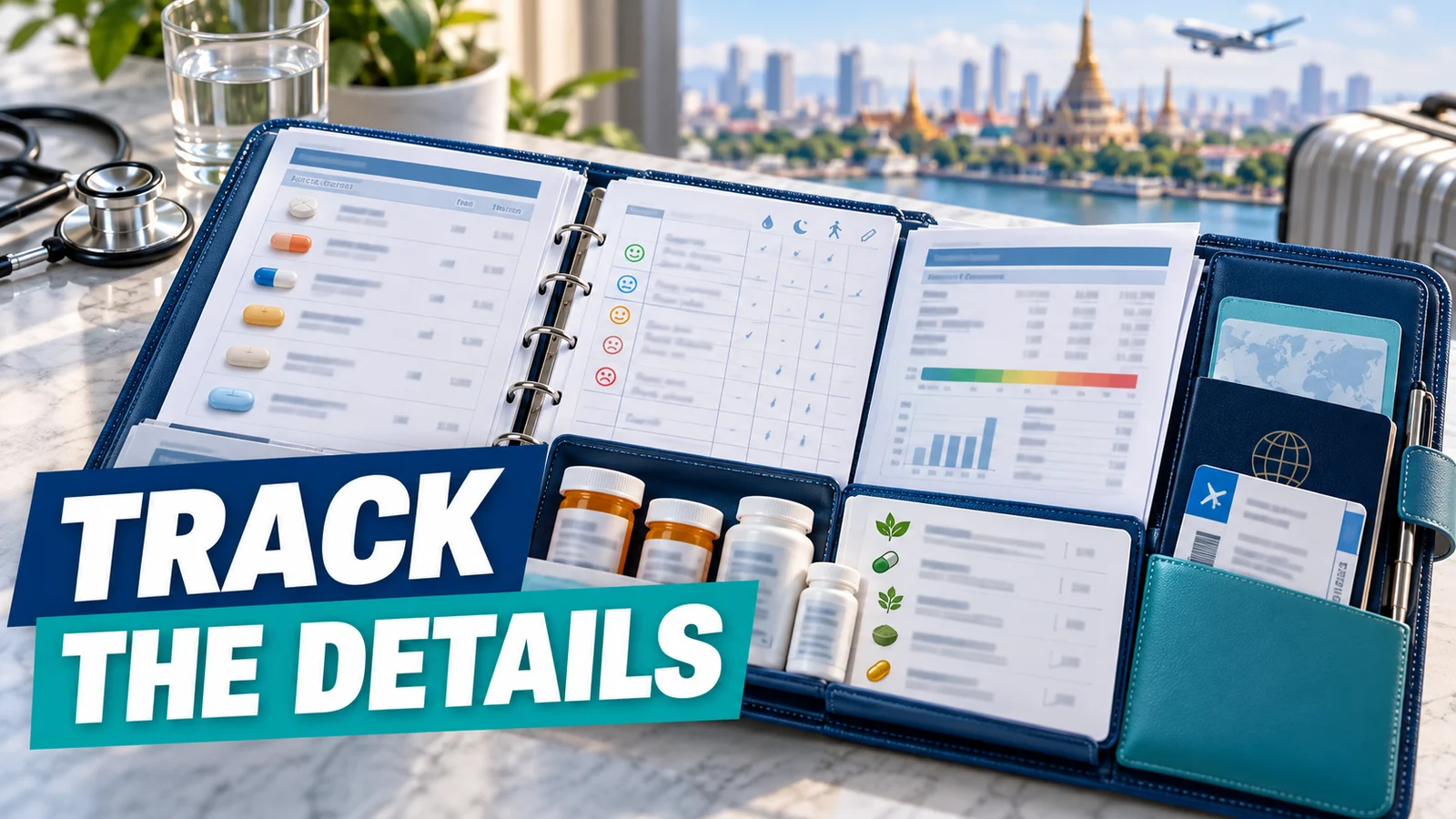Organized record folder with medication list, symptom diary, lab report and travel documents.