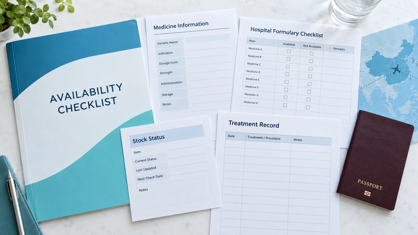 Checklist showing approval status, hospital formulary, supply timing, treatment record and travel documents.