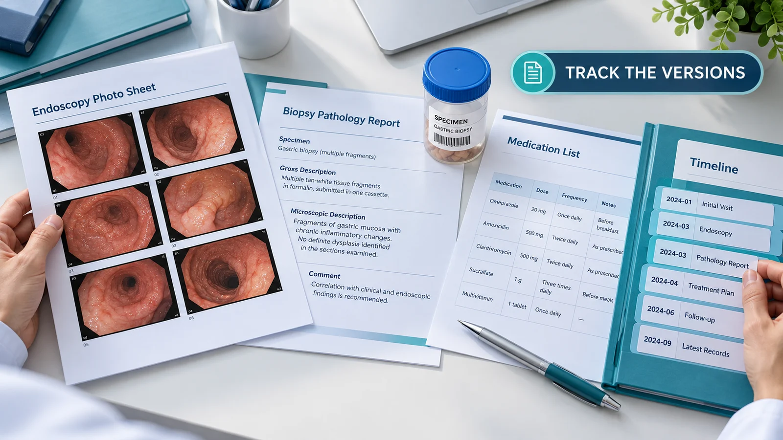 Endoscopy images, pathology versions, specimen details, and a timeline folder organized for review.