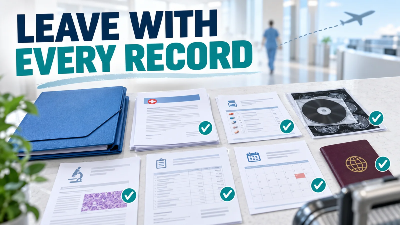 Discharge record package for international patients including summary, medicine list, imaging, reports, bills and follow-up.