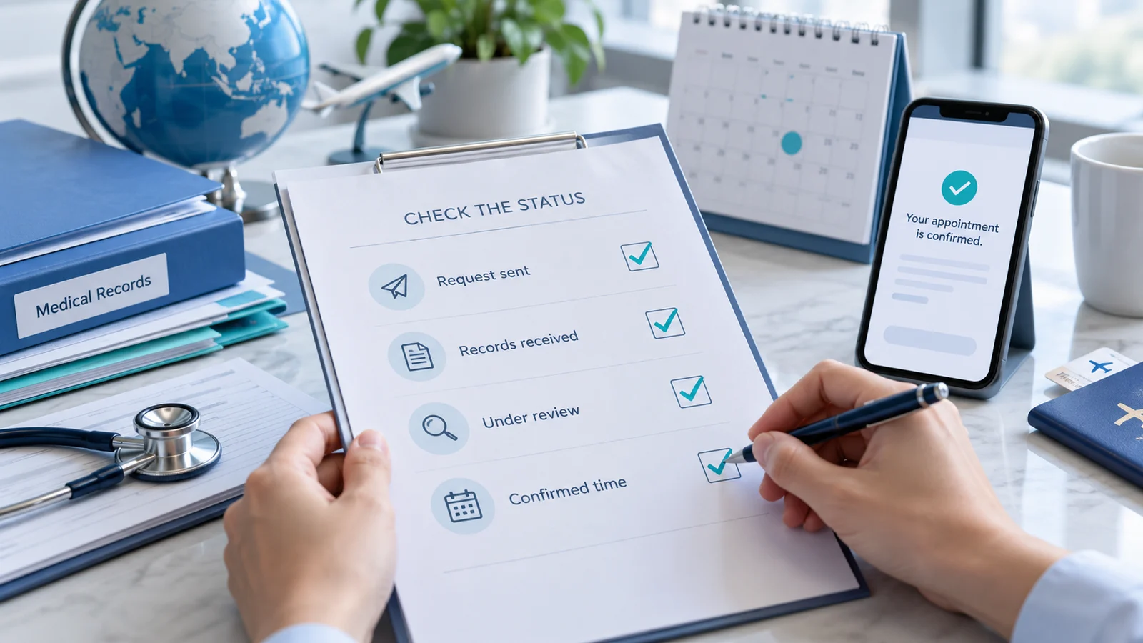Checklist, calendar, records folder, and phone used to verify appointment status.