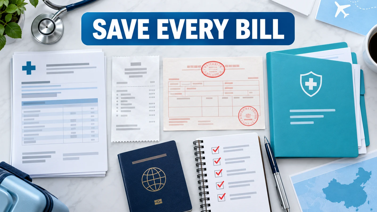 Organize hospital bills, receipts and invoices for an international care journey.