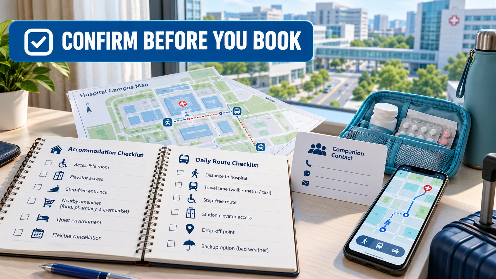 A practical checklist helps patients confirm accommodation and daily route details before booking.
