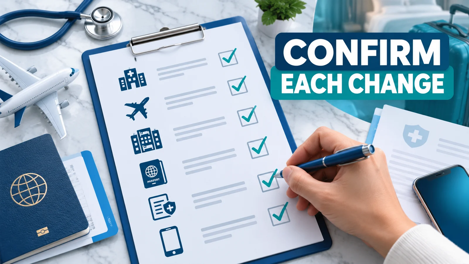 Checklist for confirming hospital, flight, accommodation, documents and contacts after a plan change.