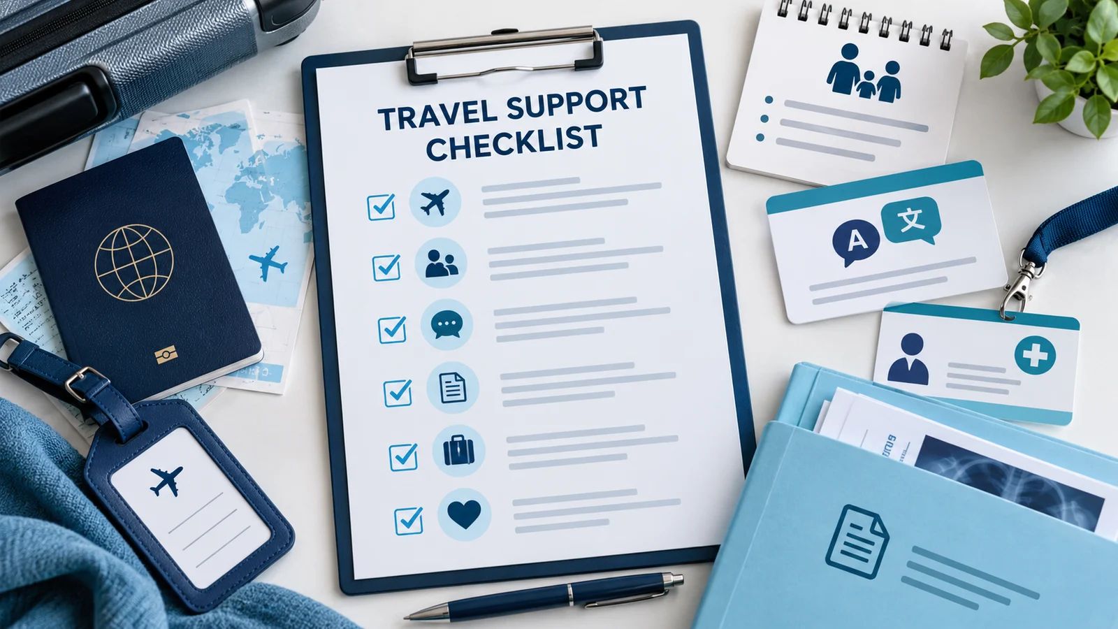 Travel support checklist with family, communication, credential and document prompts.