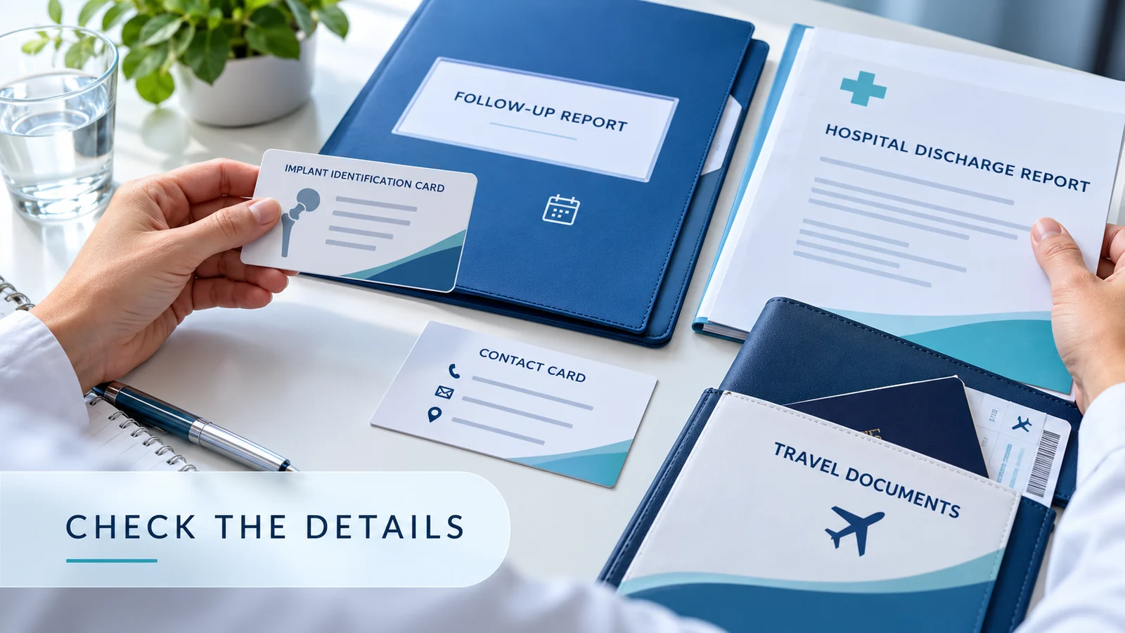 Device identification card, follow-up report, contact details, and travel folder organized before a China visit.