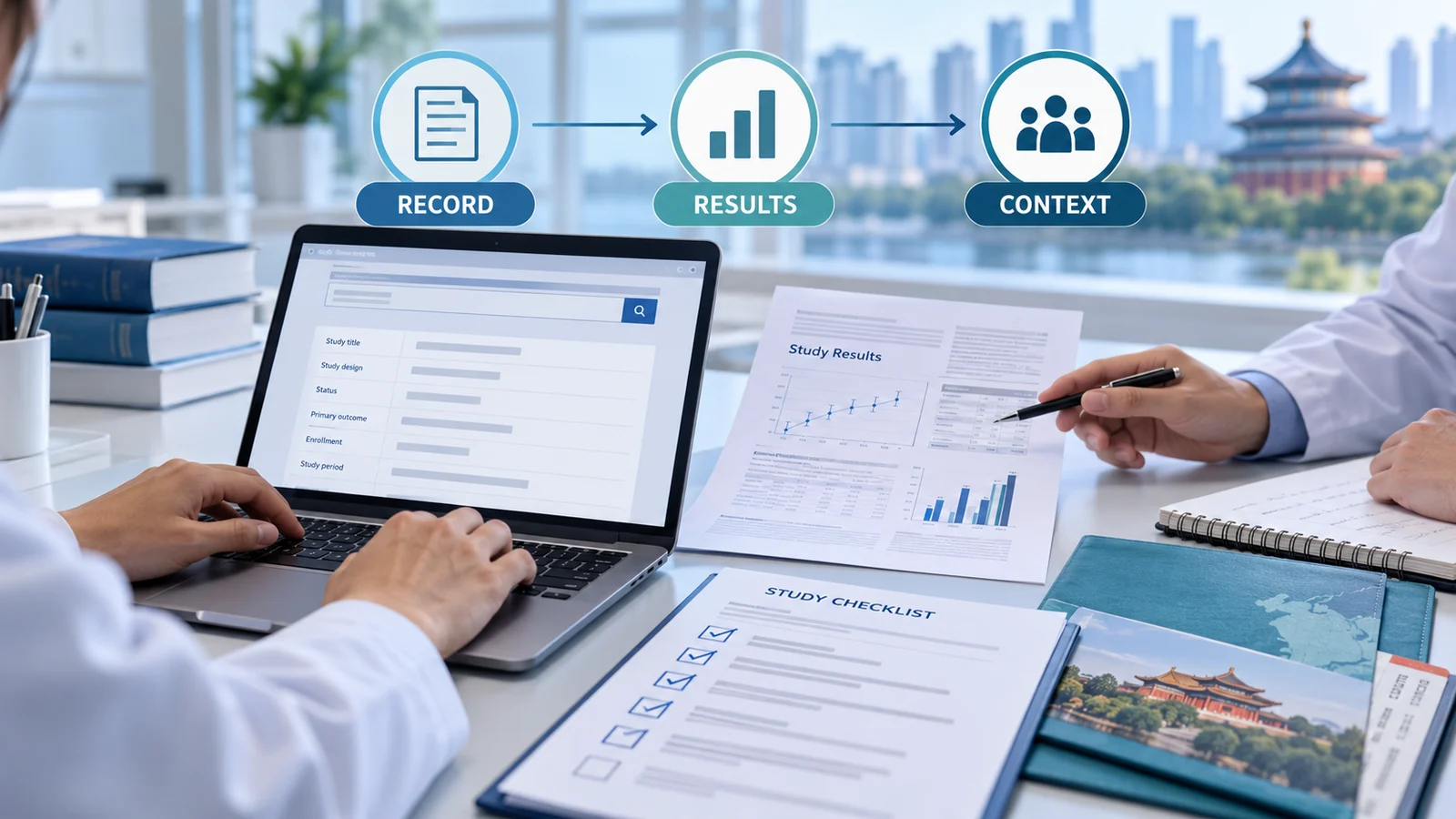 A trial-information pathway from record to results to clinical context.