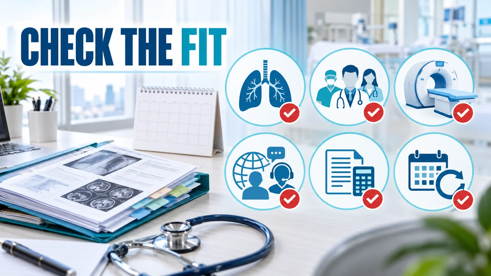 Hospital evaluation checklist for international patients covering specialty fit, clinical team, technology, language support, cost and follow-up.