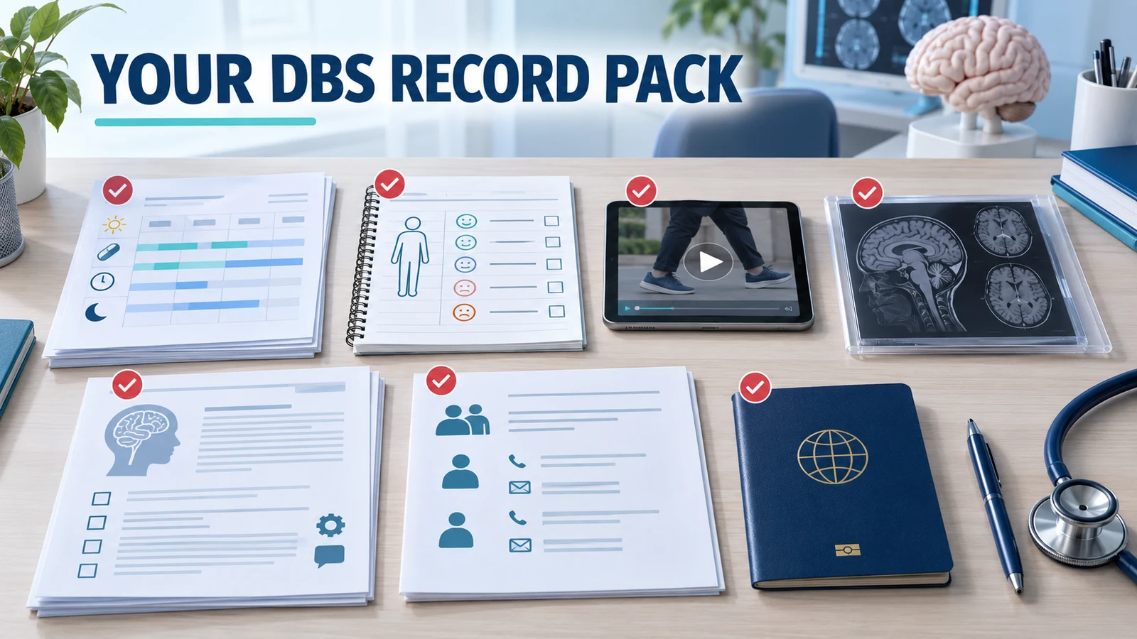 DBS record package with a symptom diary, medication timeline, movement video, brain imaging and caregiver details.
