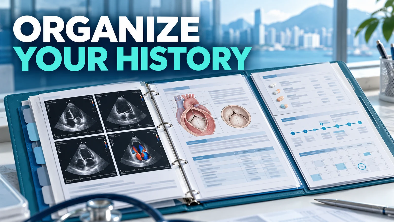 Organized folder with echocardiograms, valve history, medicine list and symptom timeline.