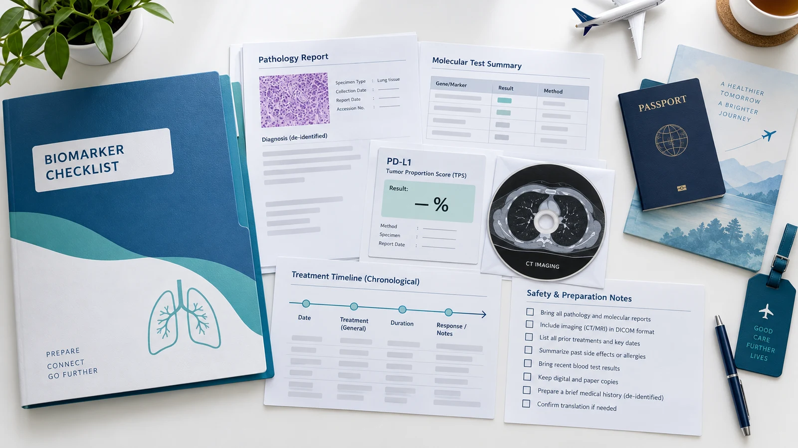 Biomarker checklist with pathology, molecular report, imaging and treatment timeline.