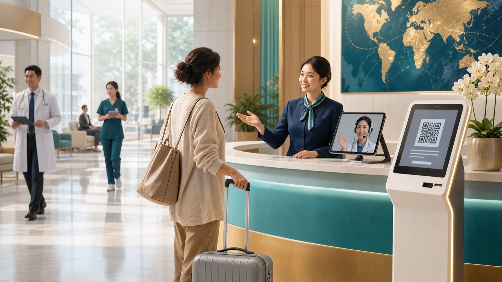 International patient checking in at a Chinese hospital international service desk with interpreter and self-service kiosk